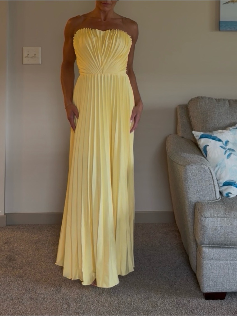 Strapless Pleated Yellow Evening Gown